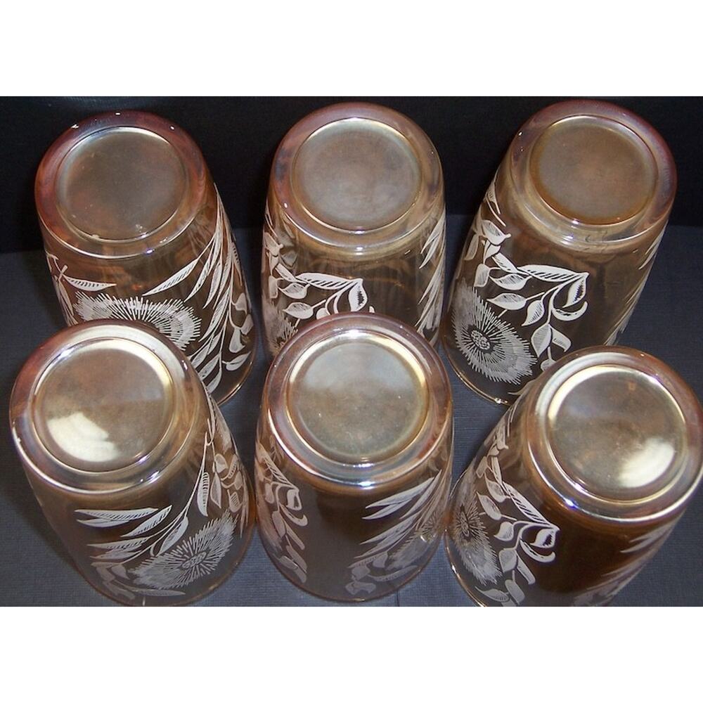 Vintage Jeannette Marigold Carnival Glass Cosmos Pitcher 6 Tumbler Set 1950s - Picture 15 of 15
